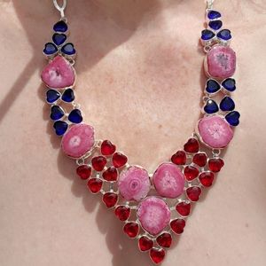 New Amazing Huge Solar Quartz, Red Garnet Heart Shaped Gemstone Silver Necklace.
